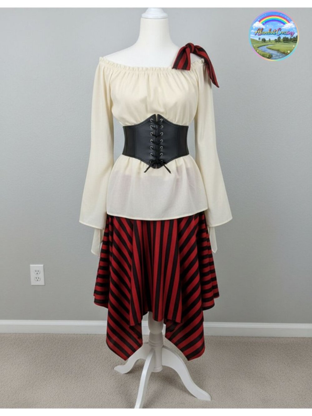Women Pirate Costume Renaissance Blouse Corset Skirt Scarf 4 Piece Set